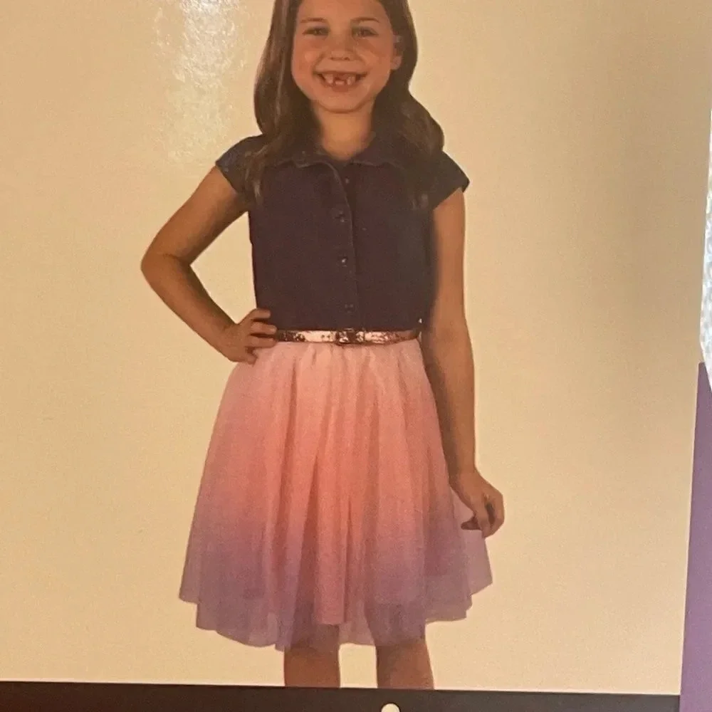 Zunie Kids' Dress size 4 Jean connected Top with Mesh Skirt & Pink Glitter Belt